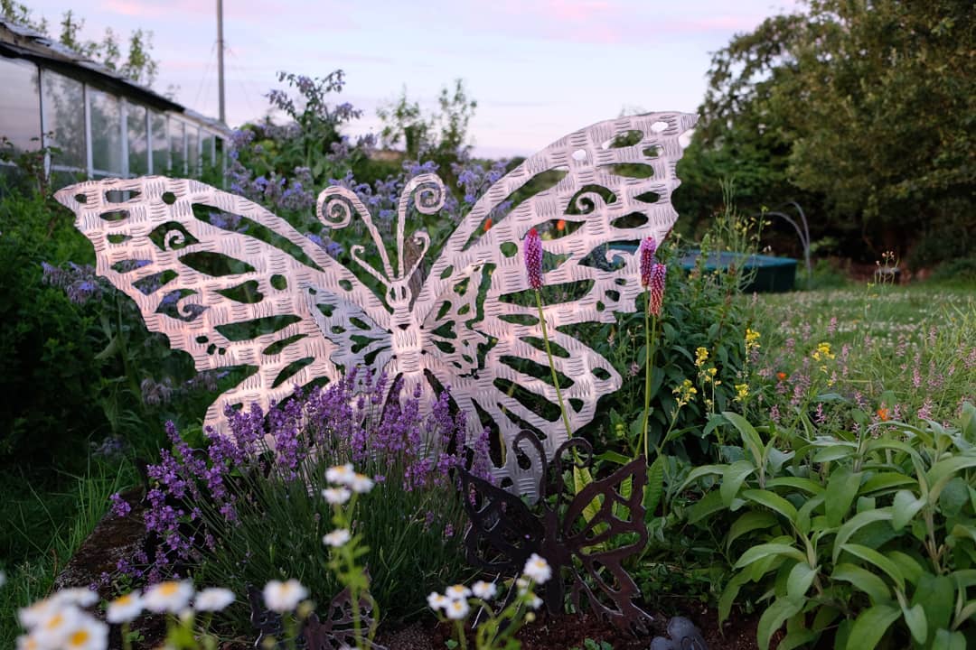 A large freehand cut decorative metal butterfly garden sculpture with intricate cutout patterns, displayed in a lush garden bed filled with purple lavender, green foliage, and small white flowers.Designed and cut by helzie 